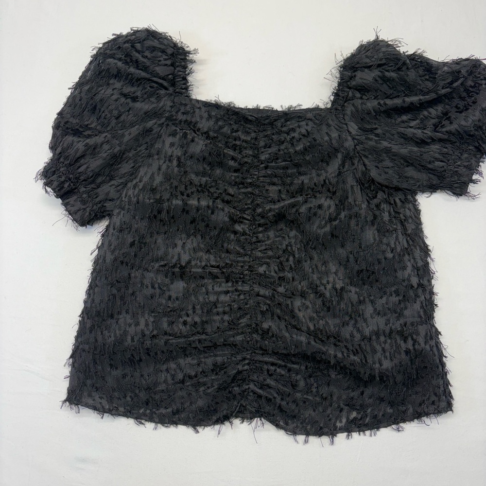 Zara Kids Textured Fringe Puff Sleeve Square Neck Top Black Size 11-12
